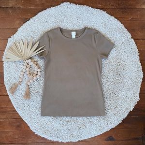 H&M Ribbed Classic Cotton Khaki Neutral T-shirt